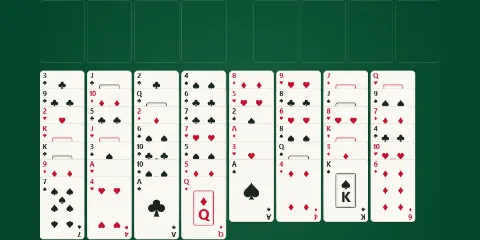 The FreeCell board: eight cascades of face-up cards, with four free cells and four foundations above them.